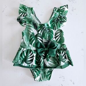 Tropical Print Montesera Print Ruffle Baby One Piece Swim Suit